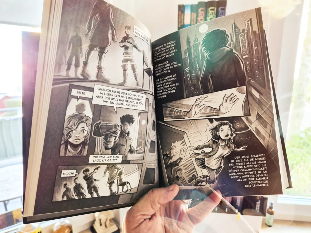 ZEFIRA - Es hätte sie nie geben dürfen: Ein Blick ins Buch zeigt eine Doppelseite mit den Graphic-Novel-Illustrationen von Timo Grubing.